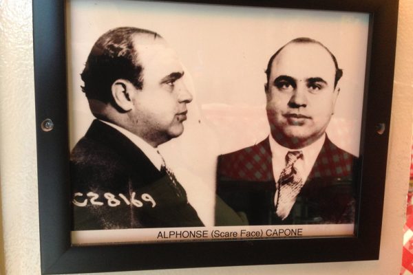 Mug shot of gangster Alphonse (Scarface) Capone, on the wall inside Giordana's Pizza restaurant on W Jackson Blvd.