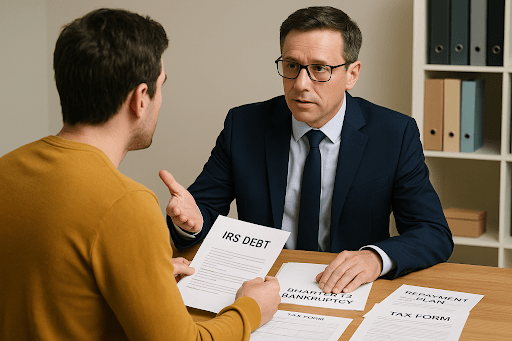 Person reviewing IRS tax forms and bankruptcy documents under Chapter 13