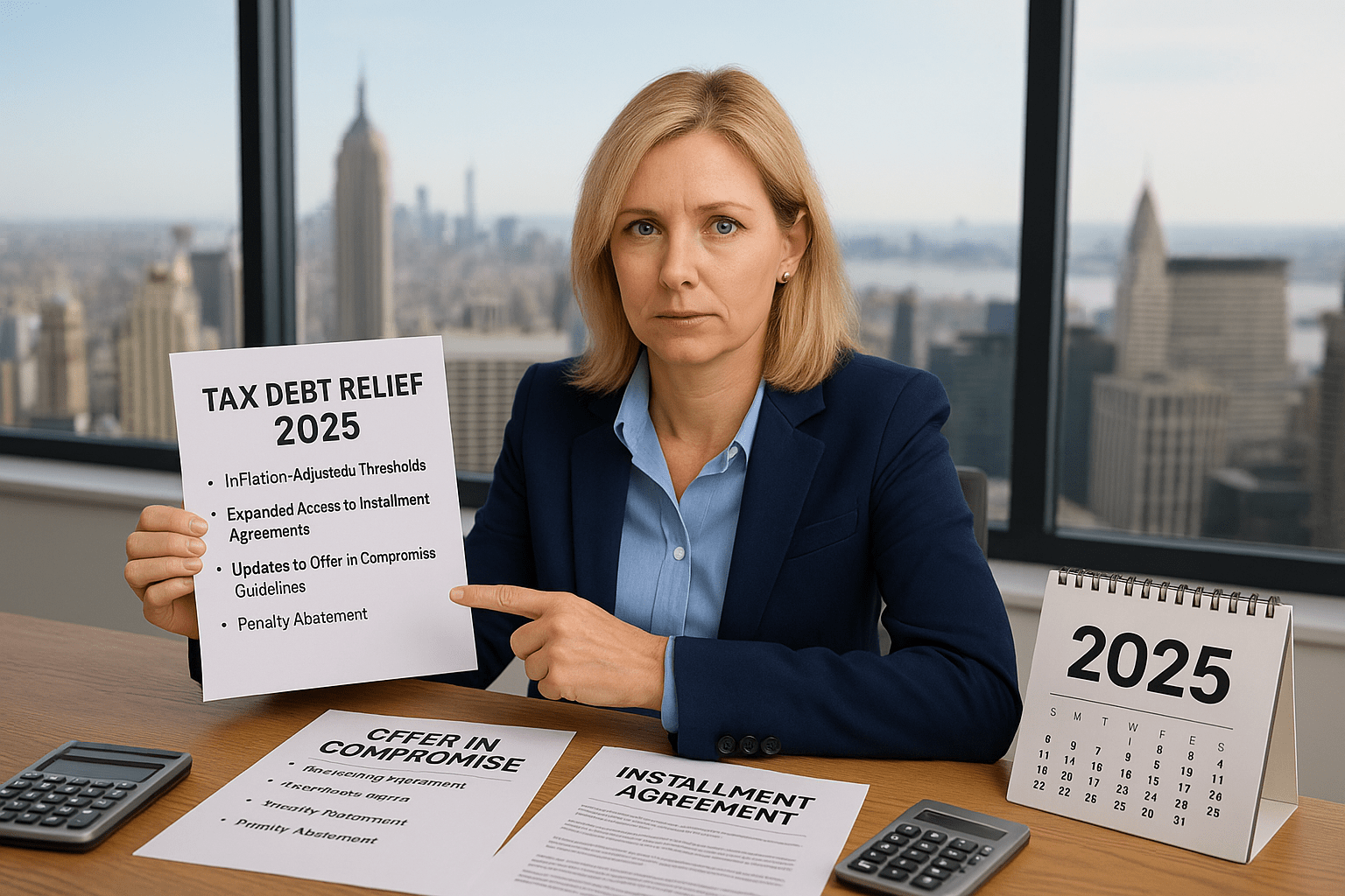 Professional middle-aged woman reviews 2025 IRS tax relief documents with New York City skyline in background