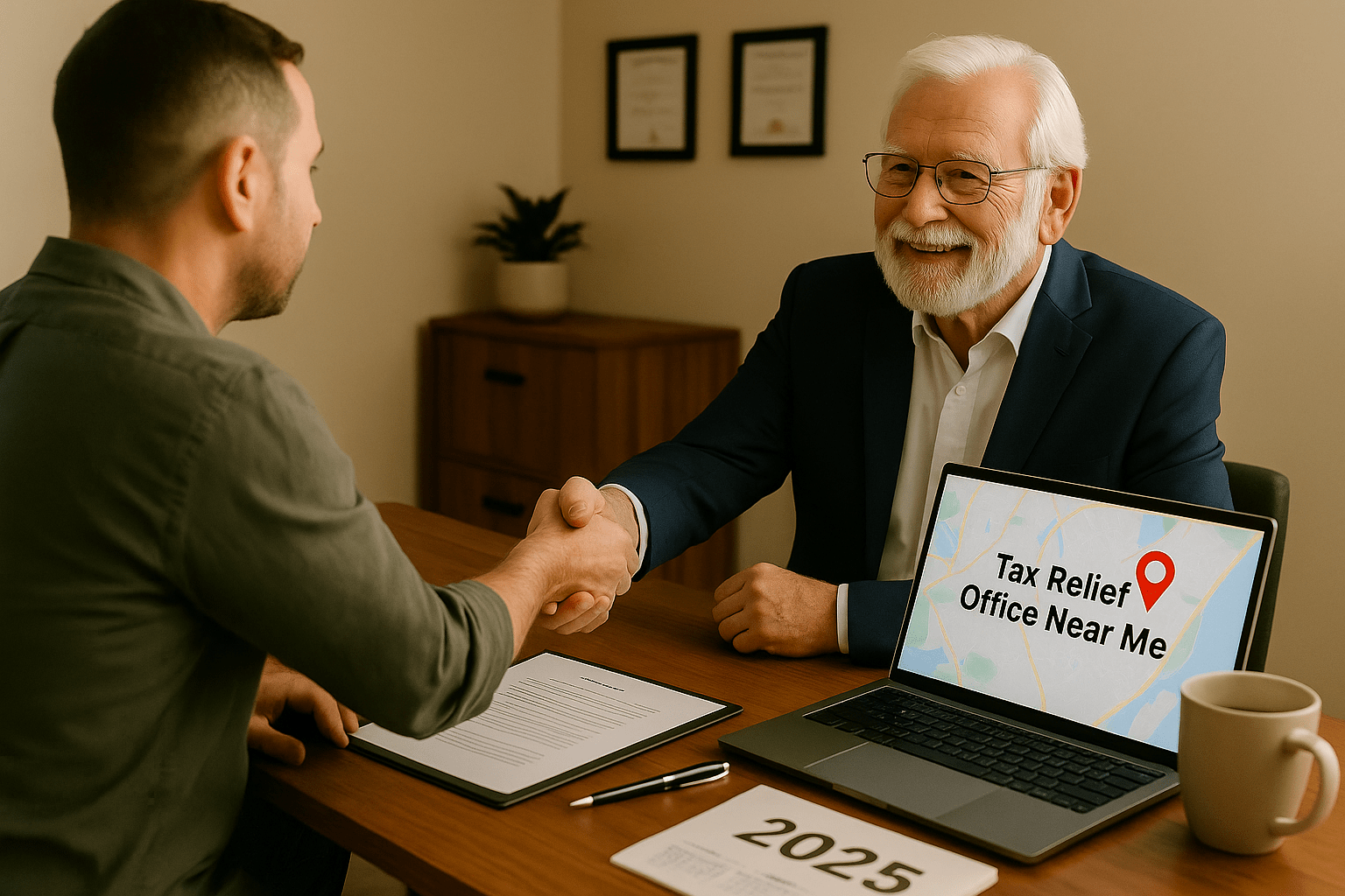Senior tax attorney shakes hands with client at local tax relief office
