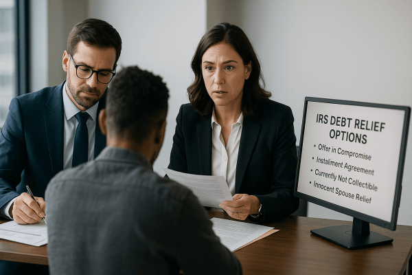 Client meets with a CPA and tax attorney to review IRS debt relief options in a modern office.