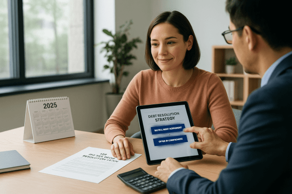 Woman discusses IRS tax debt resolution strategy for 2025 with a financial advisor using a tablet and printed plan.