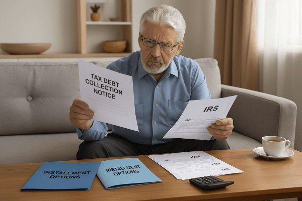 Senior man reviewing IRS tax debt collection documents on living room sofa