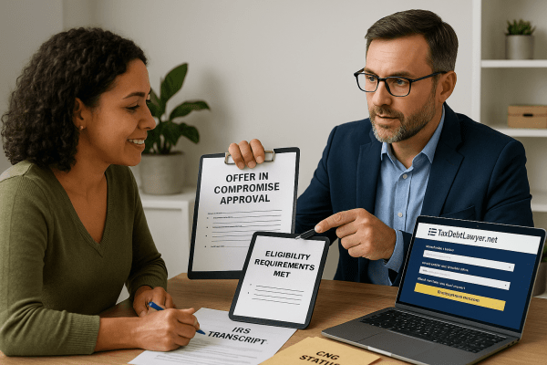 Tax relief advisor explains eligibility for IRS forgiveness during a consultation.