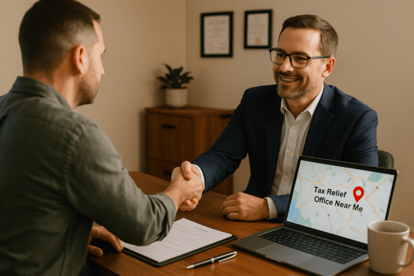 Tax advisor shakes hands with a client in a local office, with a map on a laptop screen showing “Tax Relief Office Near Me.”