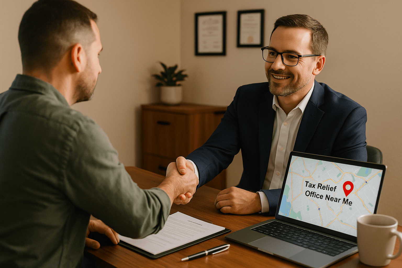 Tax advisor shakes hands with a client in a local office, with a map on a laptop screen showing “Tax Relief Office Near Me.”