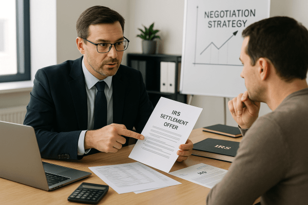 Tax attorney discusses an IRS settlement offer with a client in a modern office setting.