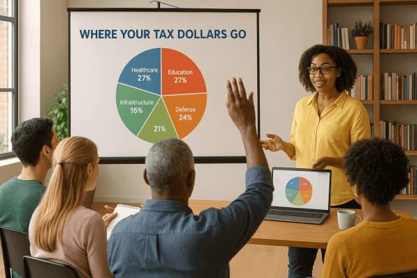 Community members attend a tax education session with a pie chart showing where tax dollars go.