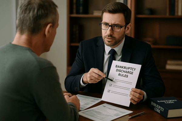 A bankruptcy attorney explains discharge rules to a client using a checklist document in a law office