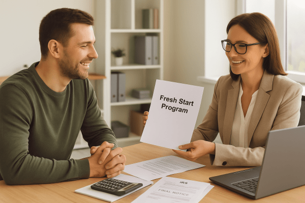 Smiling client meets with a tax professional to discuss the IRS Fresh Start Program in a modern office