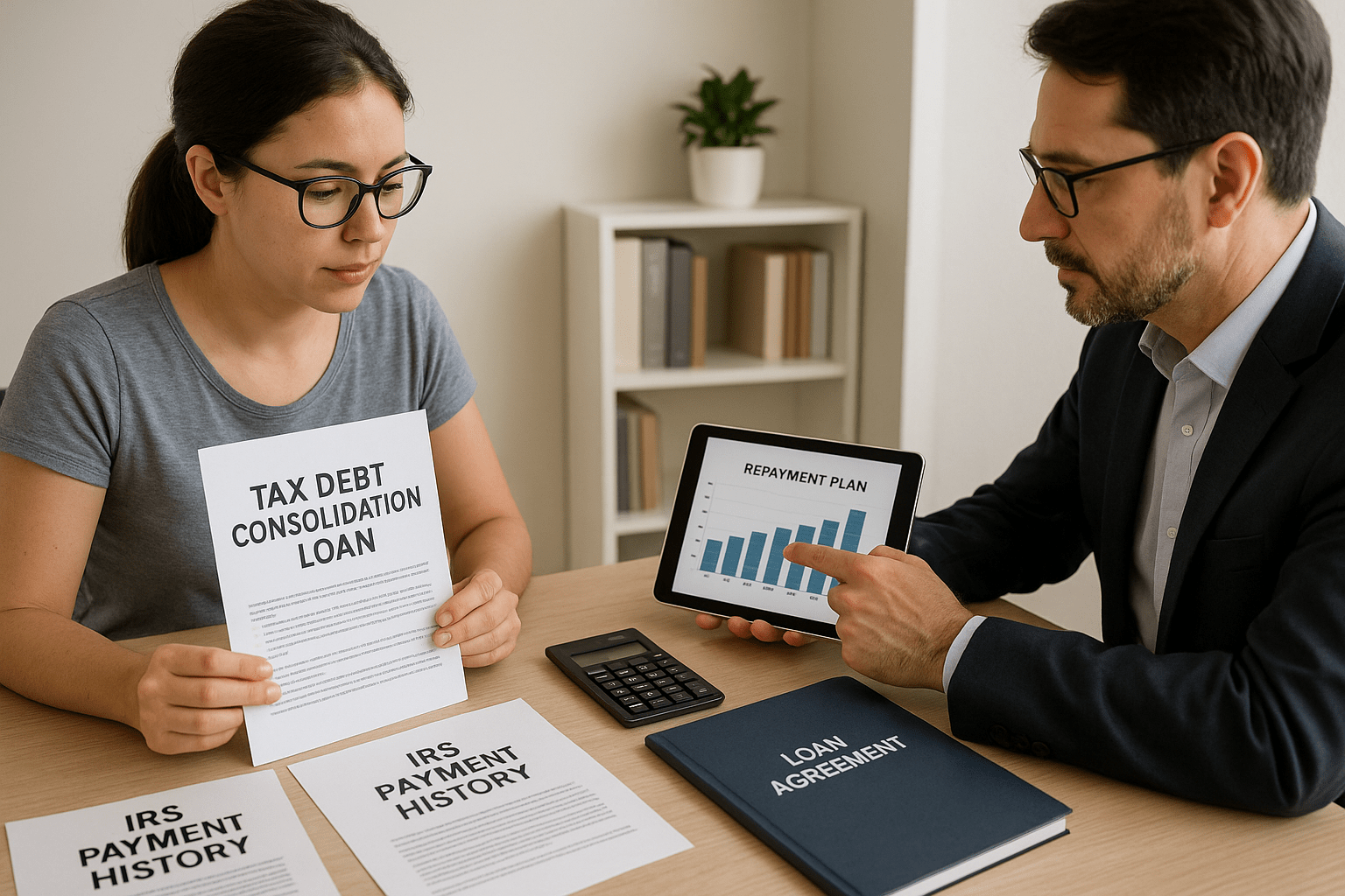 A financial advisor and client reviewing a tax debt consolidation loan and repayment plan.