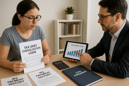 A financial advisor and client reviewing a tax debt consolidation loan and repayment plan.