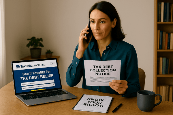 A woman is calmly handling a tax debt collection notice while speaking with a tax advisor at home.