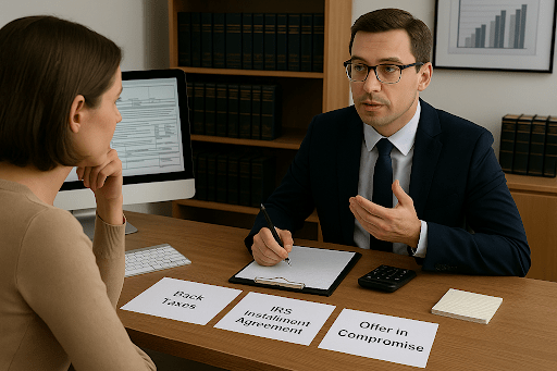A taxpayer meeting with a tax professional to review IRS debt forgiveness programs and financial relief options