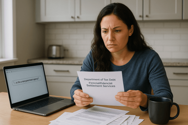 Worried woman reads a letter from the Department of Tax Debt and Financial Settlement Services at her kitchen table.