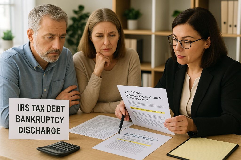 Middle-aged couple meeting with a bankruptcy attorney to review tax debt discharge options.