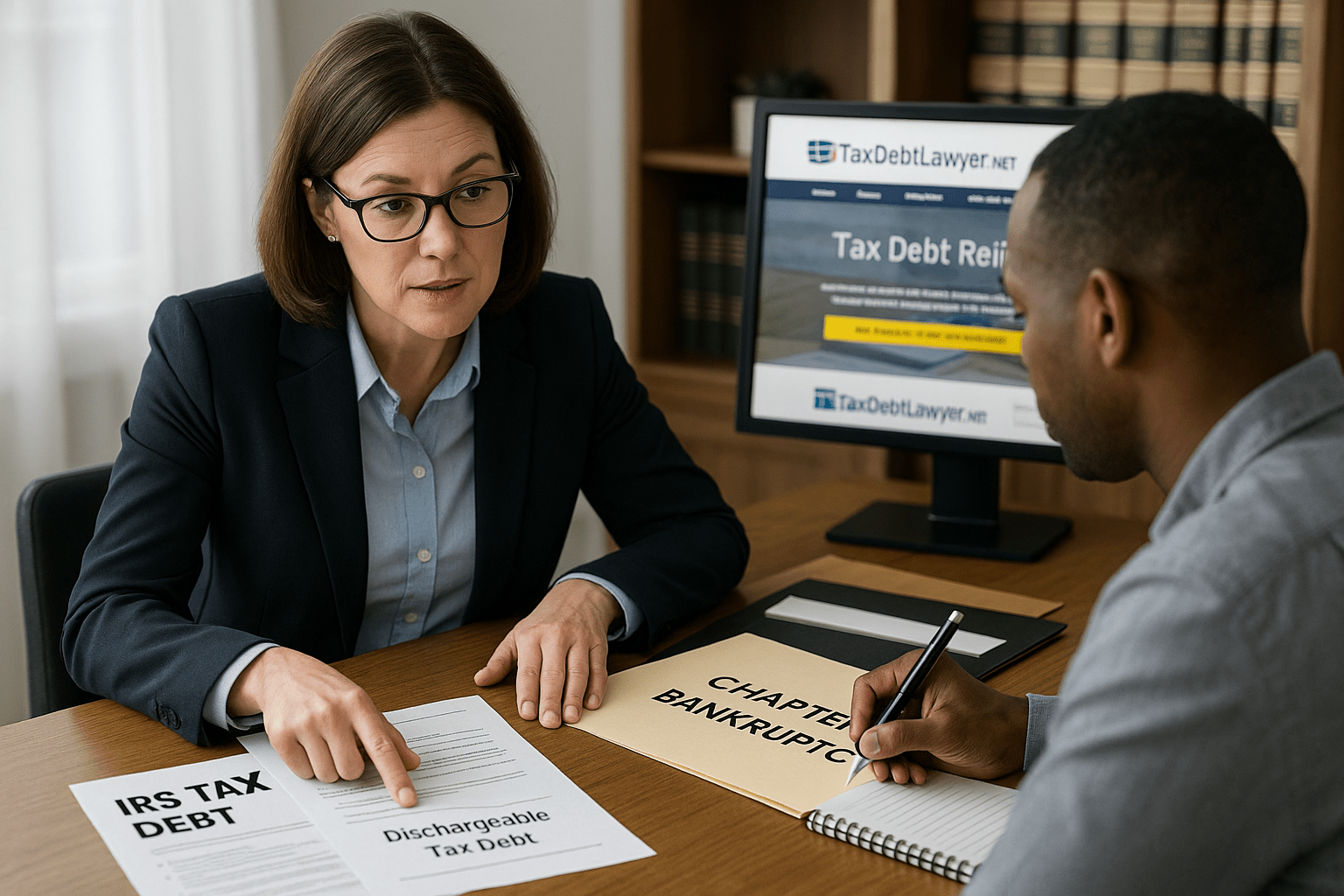 Bankruptcy attorney explains dischargeable IRS tax debt under Chapter 7 to a client.