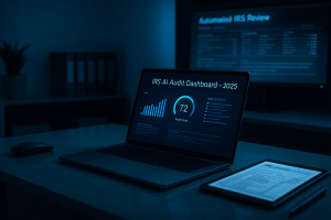 Modern IRS AI audit dashboard on a laptop with data charts in a tech-focused office setup