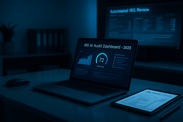 Modern IRS AI audit dashboard on a laptop with data charts in a tech-focused office setup