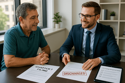 A middle-aged man meets with a bankruptcy attorney in a professional office to review IRS debt discharge under Chapter 7.