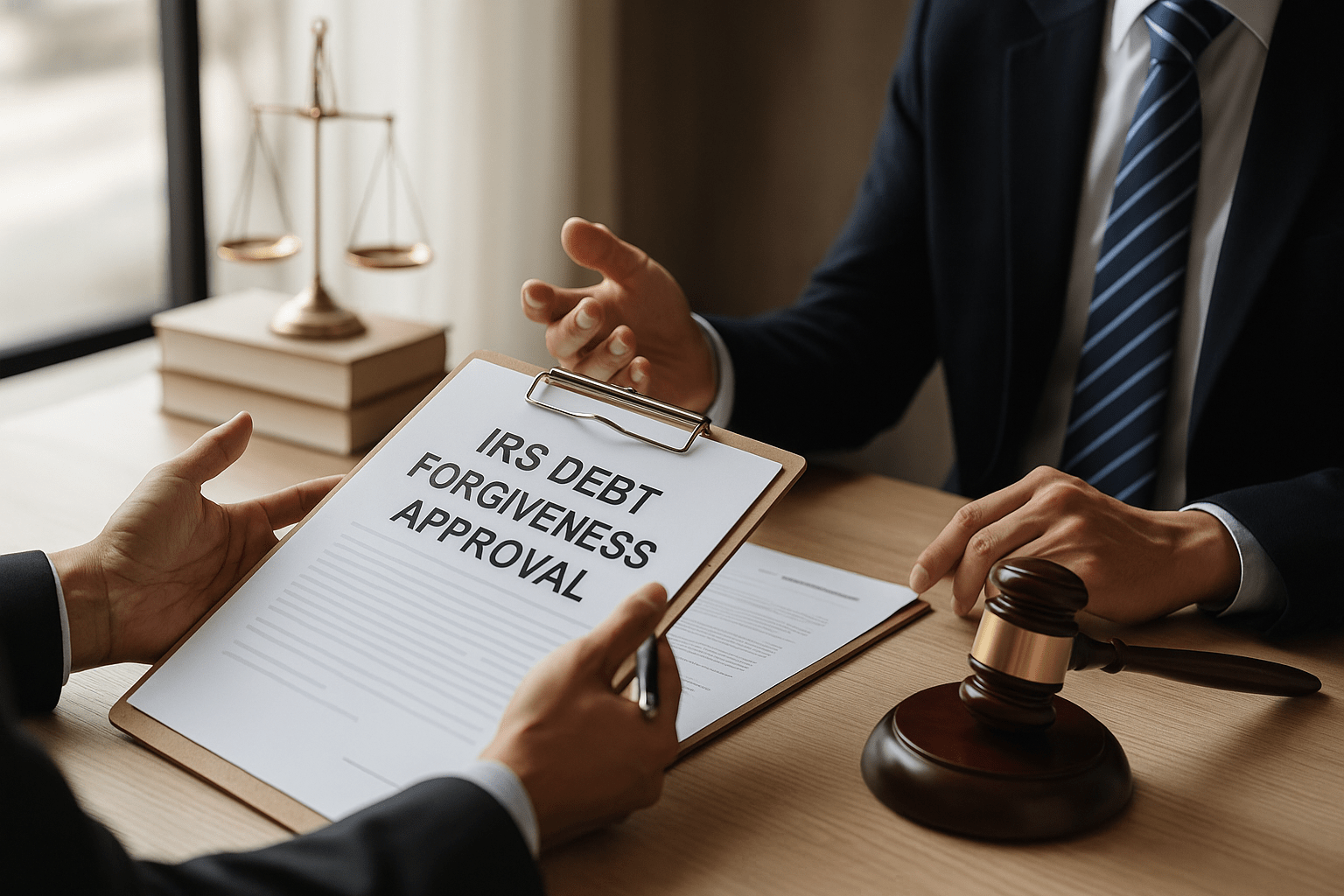 A tax relief expert shows IRS debt forgiveness approval to a client during a consultation.