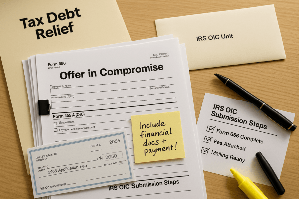 IRS Form 656 and supporting tax debt relief documents prepared for mailing, with a fee check and submission checklist