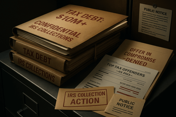 A stack of government tax debt files showing IRS stamps and massive delinquent balances exceeding $10 million