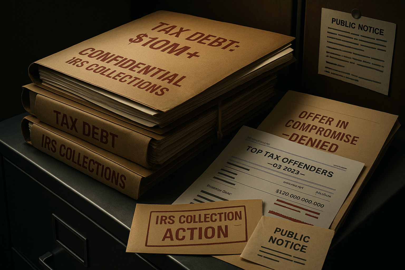 A stack of government tax debt files showing IRS stamps and massive delinquent balances exceeding $10 million