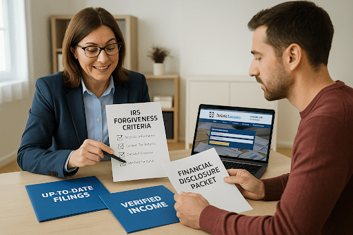 Tax advisor reviews IRS forgiveness criteria checklist with client during consultation.