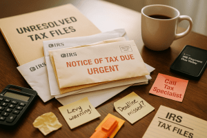 A growing stack of unopened IRS letters sits on a desk with a folder labeled “Unresolved Tax Files” and urgent reminders to seek help