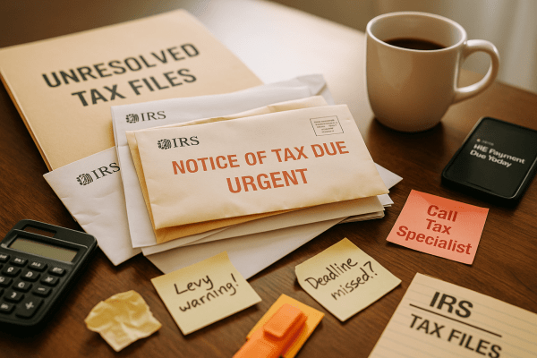 A growing stack of unopened IRS letters sits on a desk with a folder labeled “Unresolved Tax Files” and urgent reminders to seek help