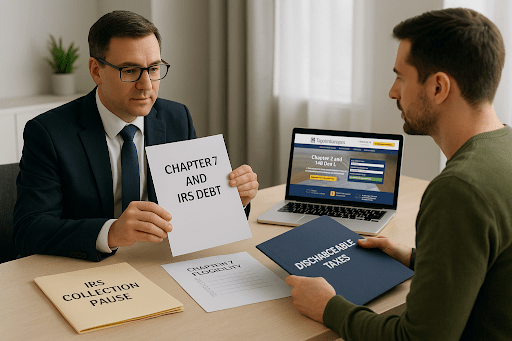 Bankruptcy attorney explains Chapter 7 IRS debt options to client with discharge documents on desk.