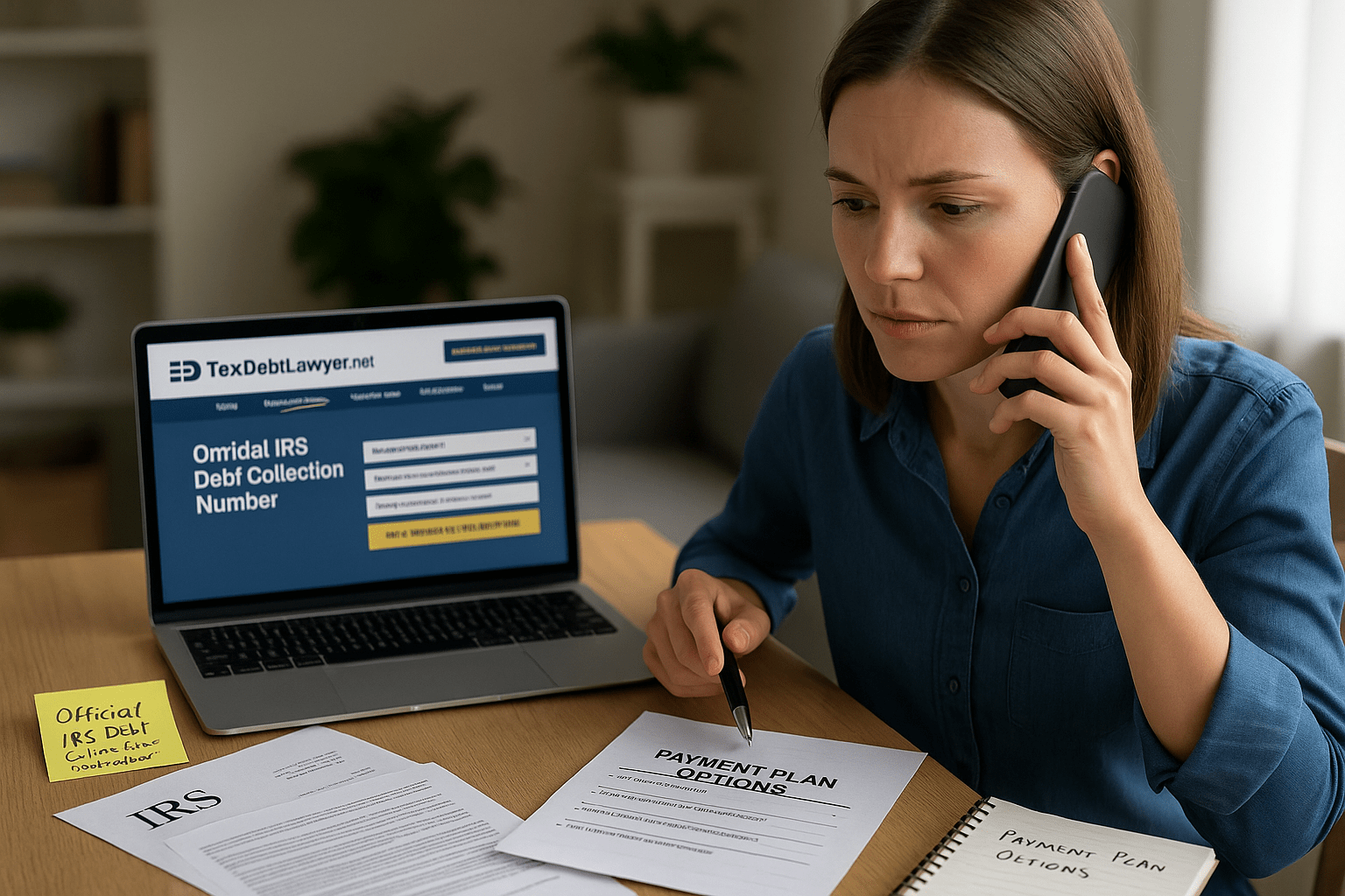 Woman verifies IRS debt collection number on TaxDebtLawyer.net before calling.
