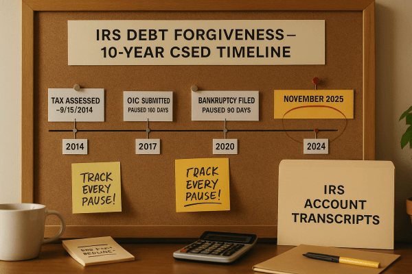 A corkboard wall with a pinned 10-year IRS debt forgiveness timeline and marked CSED expiration date.