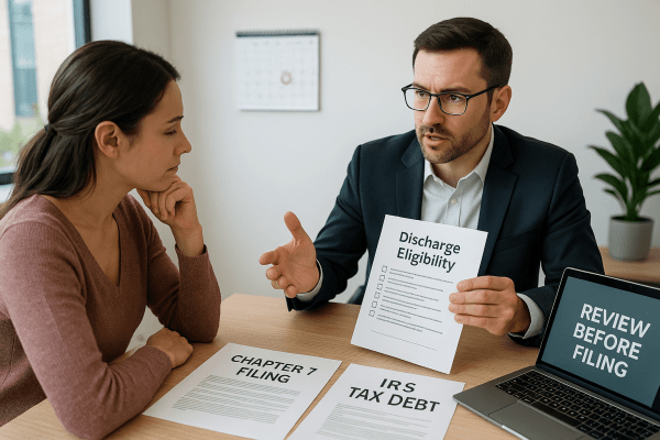 A bankruptcy attorney explains Chapter 7 IRS debt discharge eligibility to a concerned client using printed materials and a laptop.