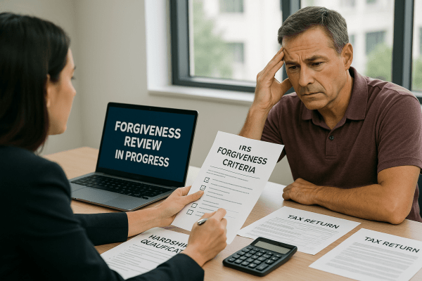 A middle-aged man reviews IRS forgiveness criteria with a tax advisor during a financial consultation.