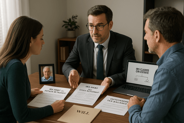 An estate attorney explains IRS debt and estate settlement to two heirs, with documents and a photo of the deceased on the desk.