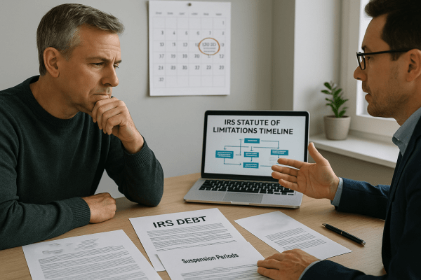 A taxpayer discusses the statute of limitations on IRS debt with a financial advisor. The desk includes documents labeled “IRS Debt” and “Suspension Periods.” A wall calendar shows a red-circled expiration date, and a laptop screen displays a flowchart titled “IRS Statute of Limitations Timeline.” The scene represents a time-sensitive financial strategy and IRS debt awareness.