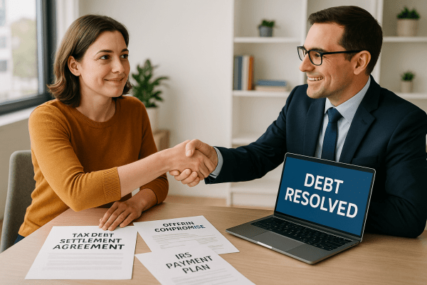 A woman shakes hands with a tax professional after successfully settling her IRS debt, with documents and a “Debt Resolved” laptop screen on the desk.