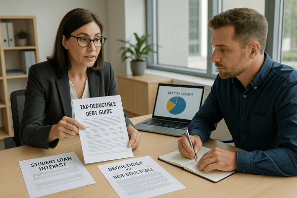 A tax advisor explains tax-deductible debt rules to a small business owner using printed guides and visual aids.