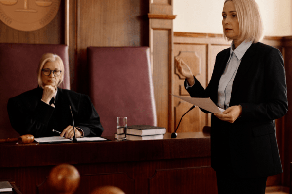 Attorney presenting case about IRS banned debt collectors in formal courtroom before judge during legal proceedings