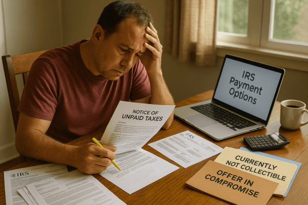 Stressed man reviews IRS unpaid tax notice and payment options
