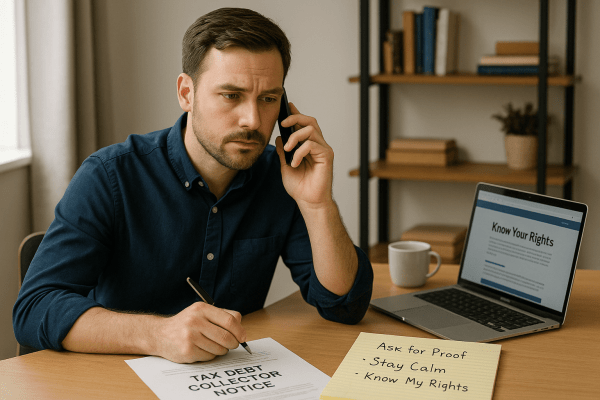Tax debt collector in blue suit presenting foreclosure notice to overwhelmed client covering face during debt collection meeting