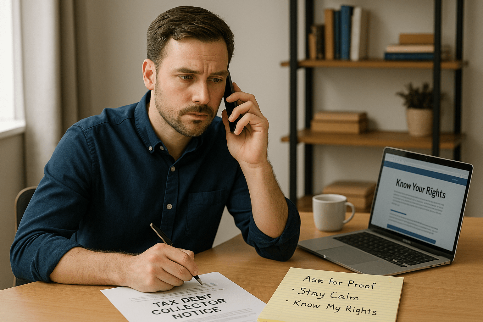 Tax debt collector in blue suit presenting foreclosure notice to overwhelmed client covering face during debt collection meeting
