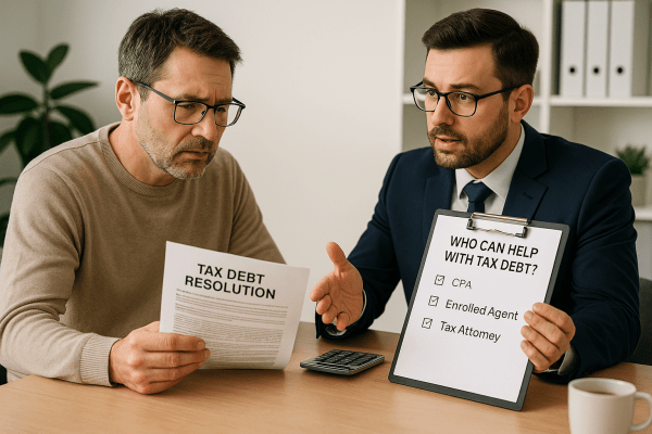 Professional tax attorney consulting with client about who can help with tax debt during a legal meeting with scales of justice and a gavel