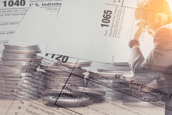 CPA help with tax debt forms 1040 1065 coins representing financial relief solutions