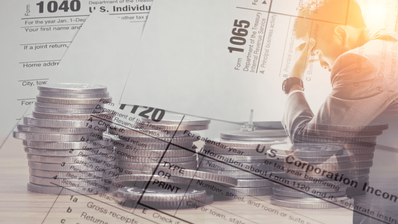 CPA help with tax debt forms 1040 1065 coins representing financial relief solutions