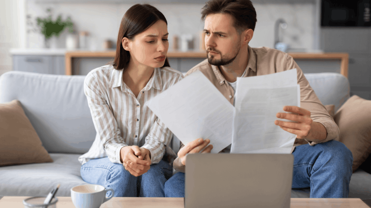 Worried couple reviewing tax documents to determine what debts qualify for the fresh start program