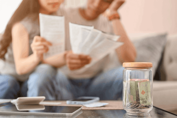 Worried couple reviewing IRS notices wondering can the IRS take my wages for my spouse's debt while looking at savings jar