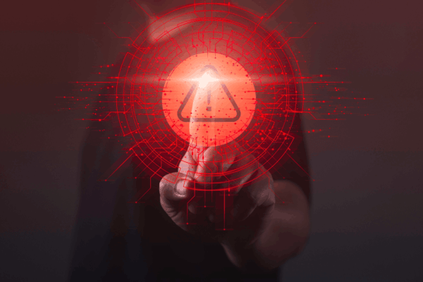 A person pressing a glowing red digital warning alert symbol representing what raises a red flag for an audit